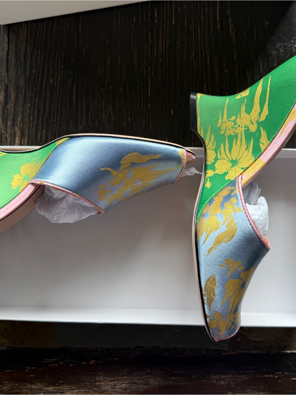 Cynthia Rowley Blue and Yellow Floral Satin Wedge Mules with Pink Trim - Picture 5 of 9